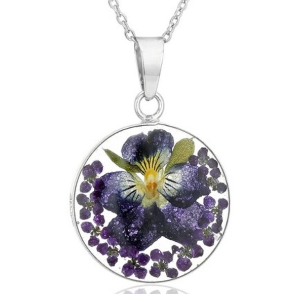 Jewelry - Sterling Silver Pressed Flower Round Pendant Necklace, 16"